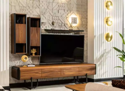 A beautiful loft-style TV wardrobe with wall shelves that will give your living room a chic look